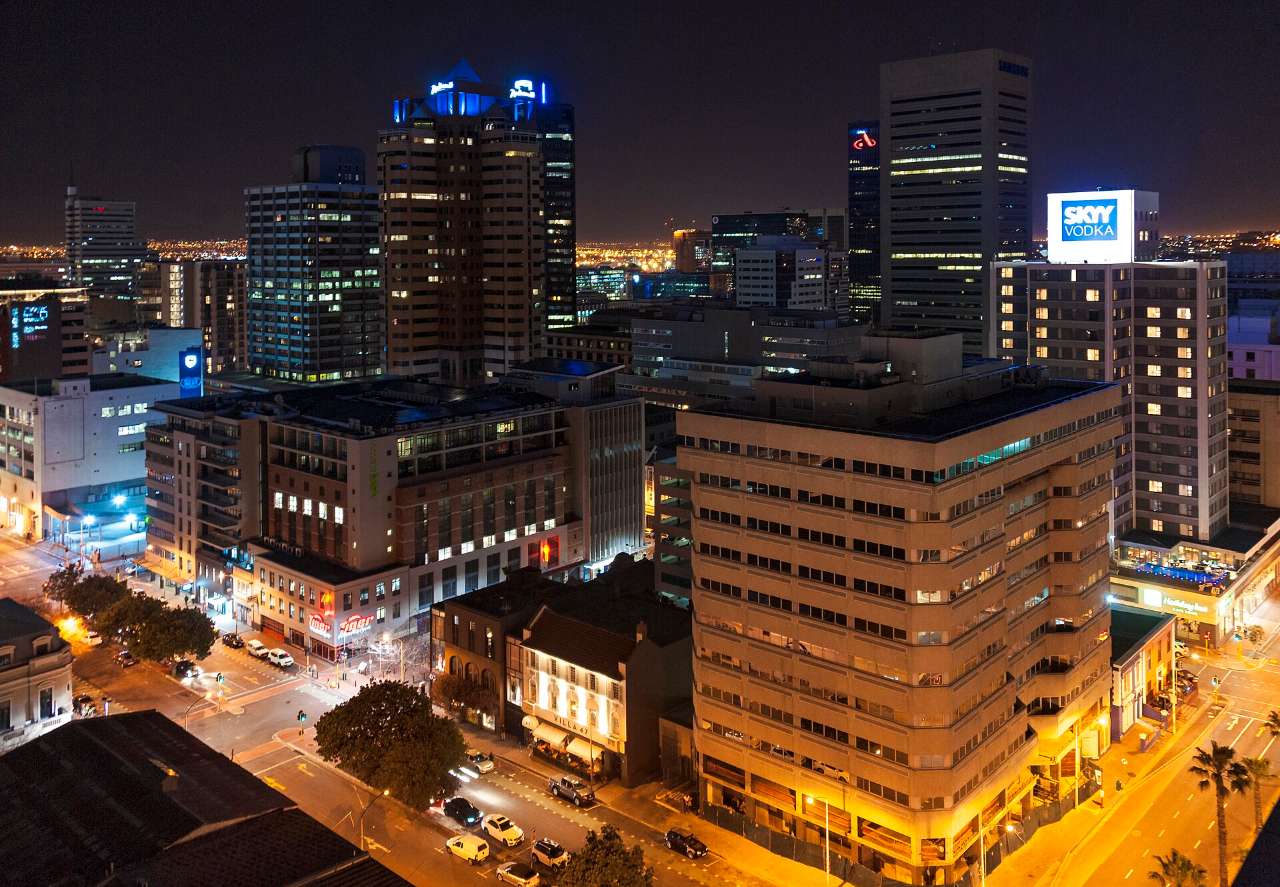 Downtown Cape Town at night from roof of Strand South hotel